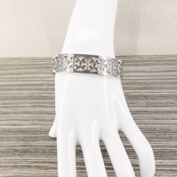 Tory Burch TB Gold Logo Cut out Cuff Bracelet Silver OS - Picture 5 of 10